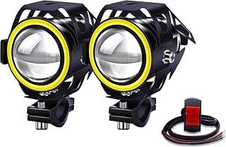 Biqing motorcycle driving lights with yellow halo ring - 3-wire switch for angel eye control - universal motorcycle fog lights for motorcycles and bicycles with Switch