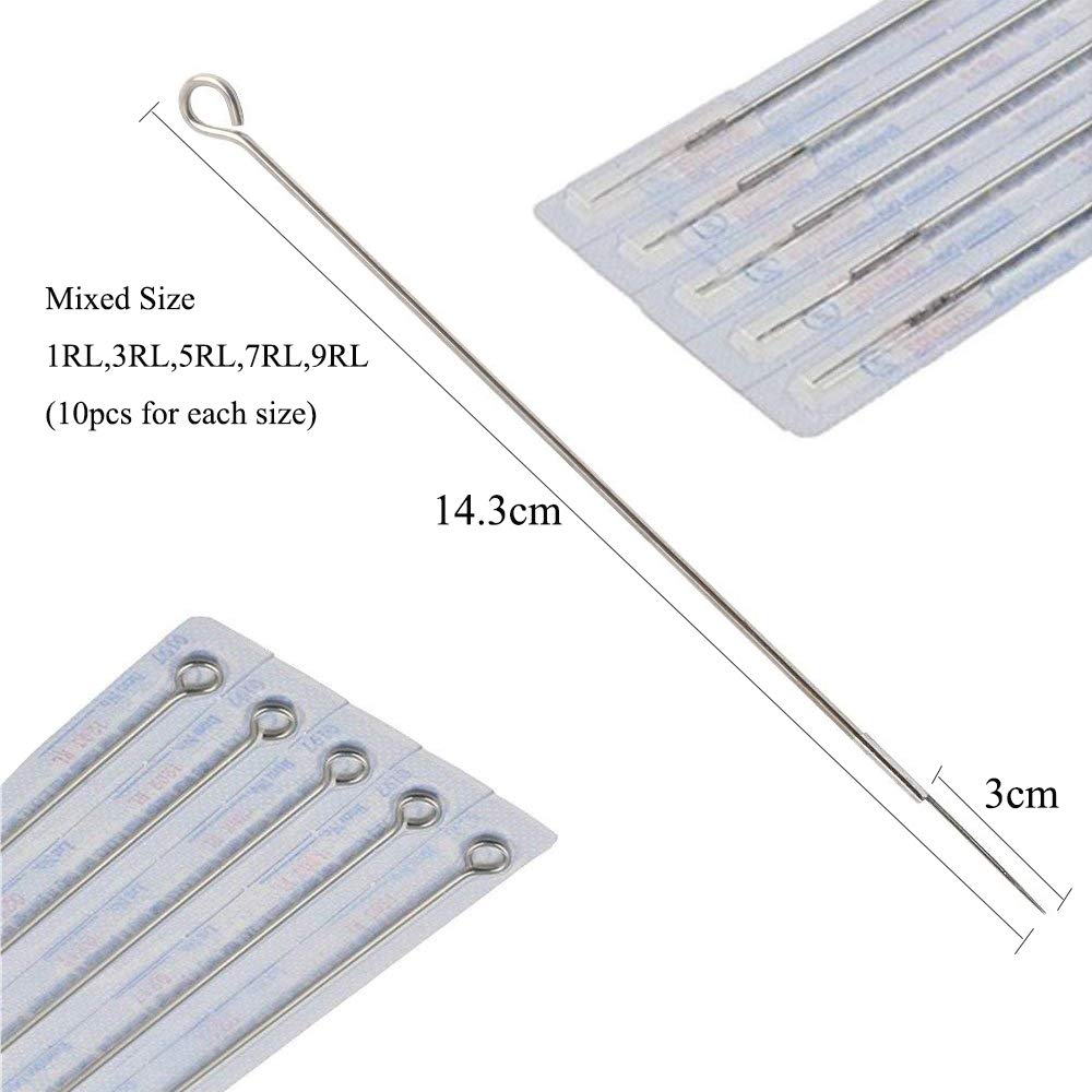 Image secondaire de Lot de 50 aiguilles de tatouage stériles jetables en acier inoxydable Tailles 1RL 3RL 5RL 7RL 9RL pour machine de tatouage