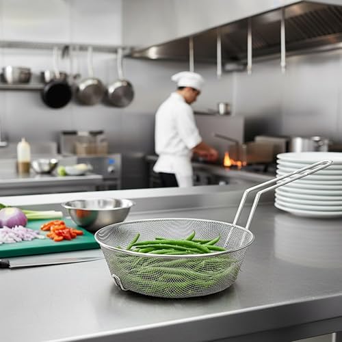 Miniatura 3 de Cesta culinaria redonda de malla fina de 12 pulgadas, niquelada con mango de 9-18 pulgadas de longitud, cesta para freír, colador de alimentos,