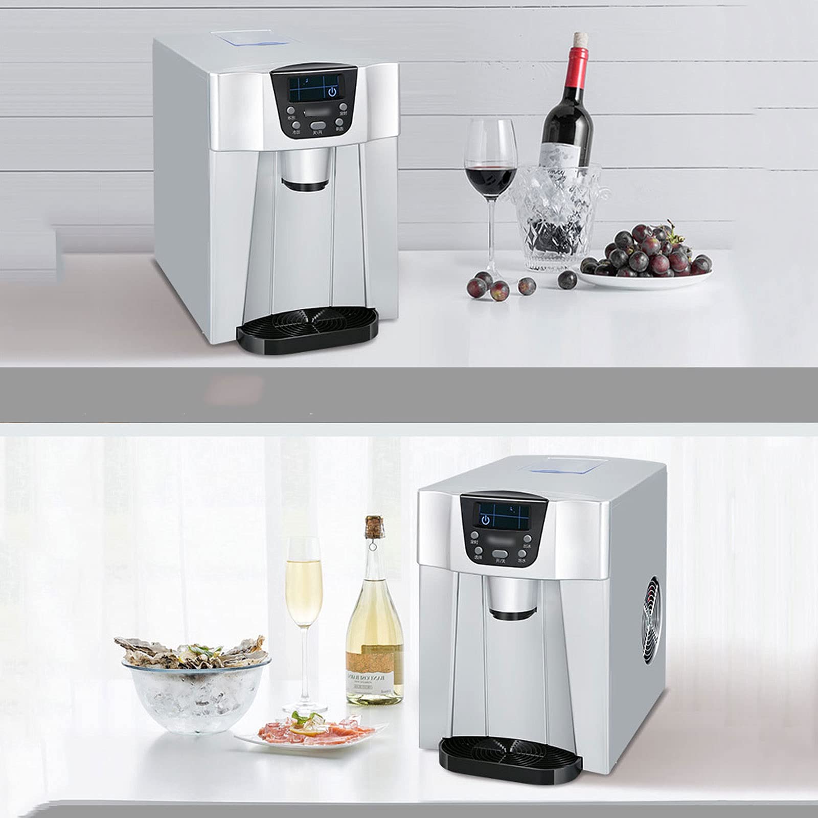 CLoxks Maquina de Hielo Hogar pequeño automático multifunción Máquina de Hielo compacta y dispensador de Agua, 33 Libras de Hielo en 24 Horas, Plata