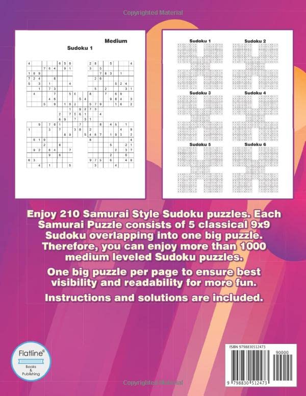 Miniatura 2 de Medium Samurai Sudoku Puzzles for Adults Sudoku Puzzle Book with more than 1000 Sudoku overlapping into 210 Samurai Style Puzzles
