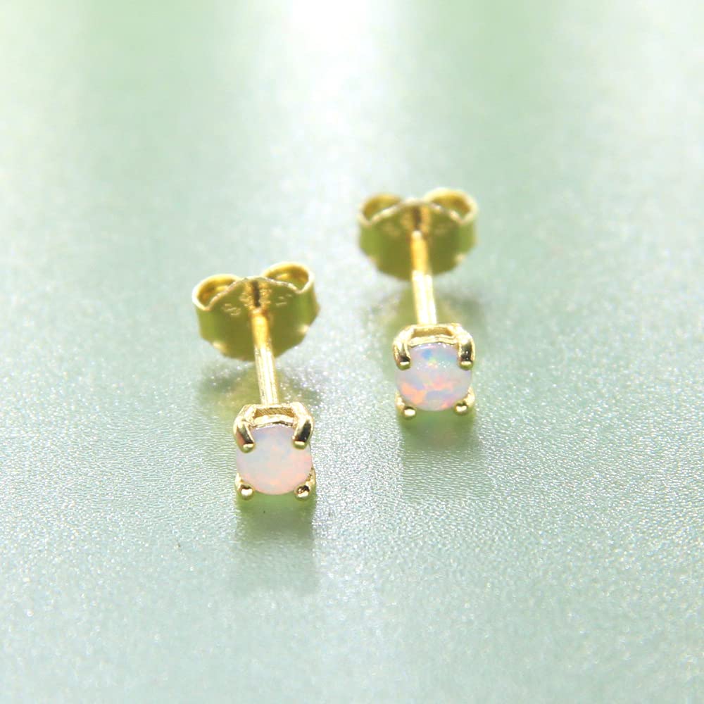 14K Gelbgold gefüllter Sterlingsilber 3/4/5/6MM Feueropal-Edelstein-Ohrstecker für Damen und Herren, Farbe Weiß - Blau - Rosa - Grün - Schwarz