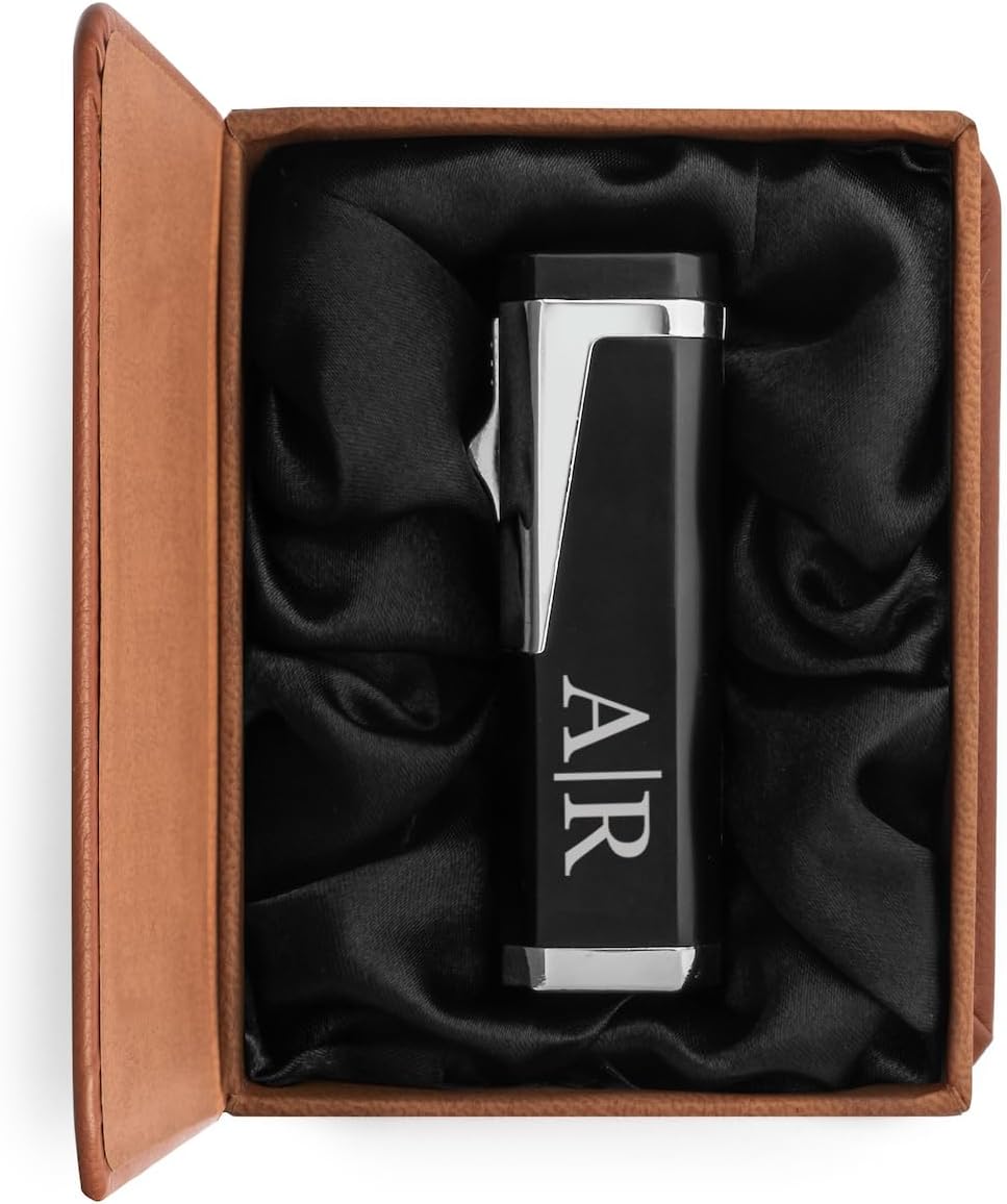 Engraved Triple Flame Torch Lighter in Leather Box Personalized Custom (Block Initial Monogram)