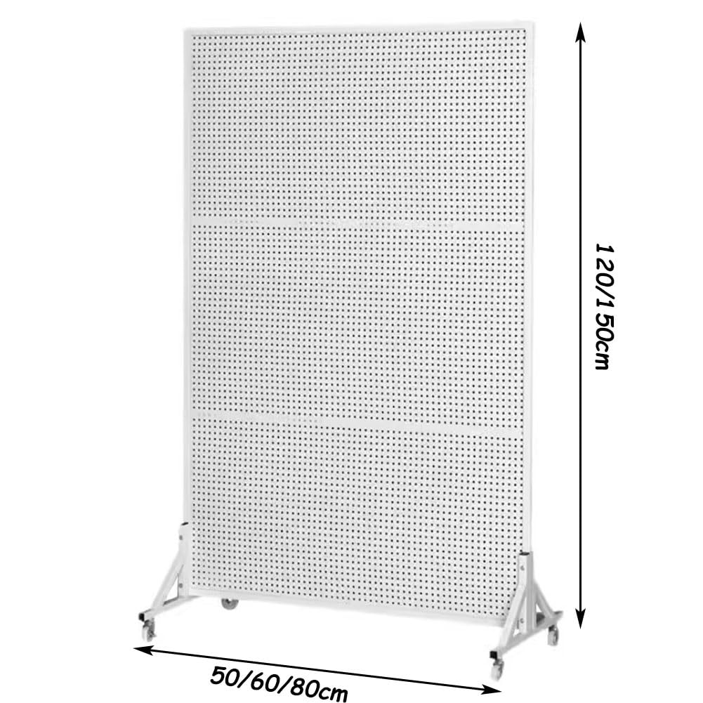 Ruchomy metalowy stojak na pegboard z solidną podstawą i kółkami stojak ekspozycyjny do rzemiosła detalicznego, dodatkowe 20 haczyków w zestawie, trwałe białe panele 60 x 120 cm dla łatwej nizacji i