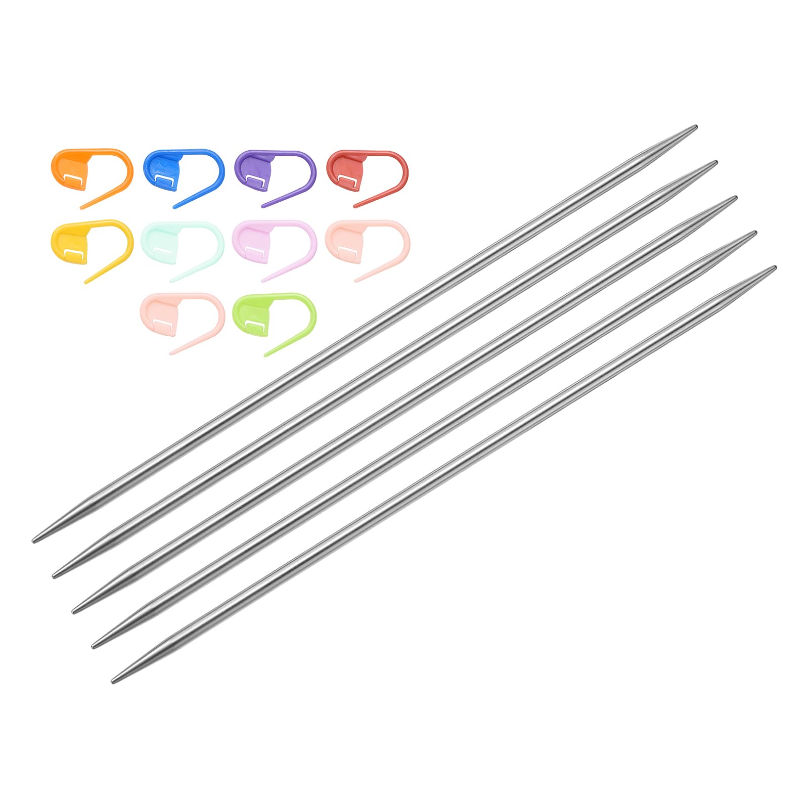 sourcing map 5Pcs Knitting Needle Size US 3(3.25mm) 6 Inches (15cm) Length Stainless Steel Double Pointed Sweater Stitching Needles with 10 Colorful Stitch Markers for Handmade Projects DIY