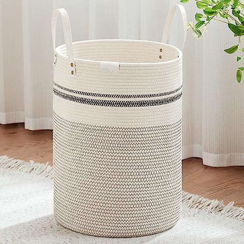 Image of VIPOSCO 100L Tall Woven Rope Laundry Hamper, Leather Handles, Stripe White | Large Wicker Laundry Basket for Dirty Clothes, Blanket, Toy, Towel, Yoga Mat, Storage Bin in Bedroom, Bathroom, Living Room