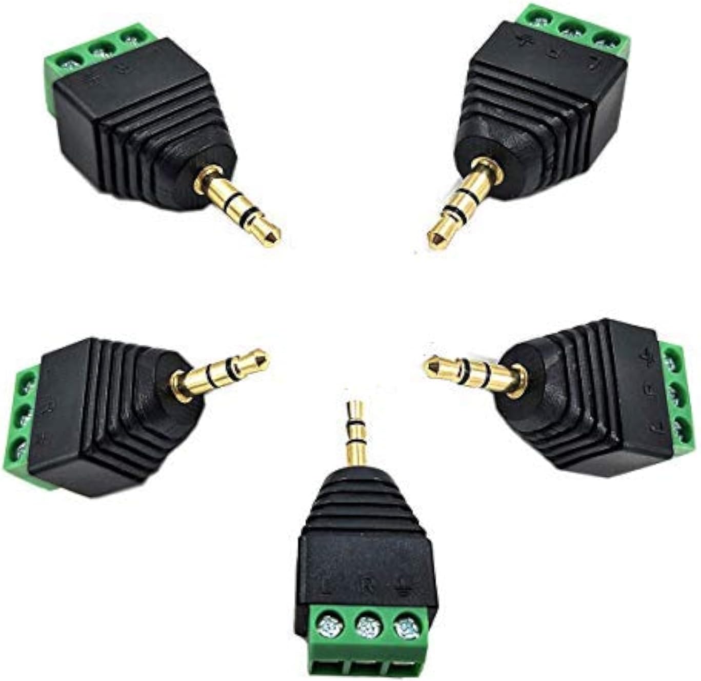5 Pack 1/8" 3.5mm TRS Male Jack Terminal Block Connector, 3.5mm 3 Pole Stereo Audio Plug Headphone AUX Balun Bolt Screw Solderless Terminal Adapter