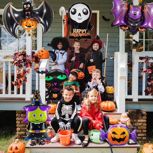Tedercle Q28 7 Pieces Large Halloween Foil Balloons Decorations Set, Includes Bat, Witch, Pumpkin, Black Cat, Skeleton, Ghost And Spider Designs Mylar Balloons For Spooky Trick-Or-Treating Party Supplies thumb #2