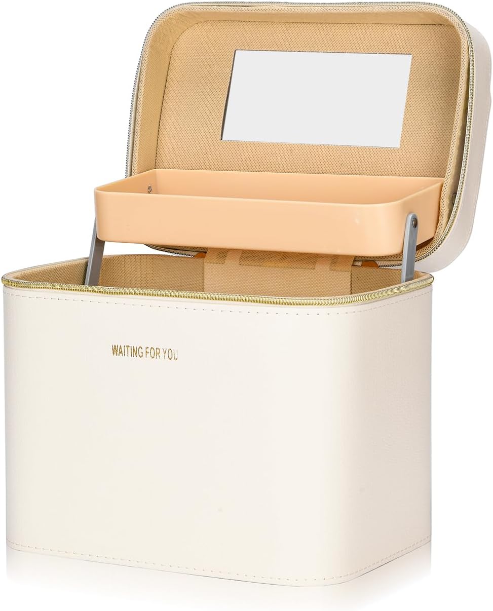 Luxury Fashion makeup box, Portable leather hard cosmetic case with mirror, Sturdy train case make up box for women adults. (Double-white)