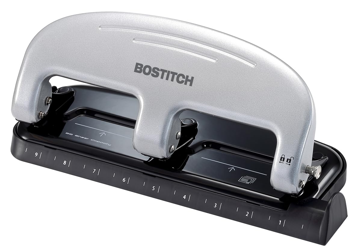 Bostitch Office EZ Squeeze 3-Hole Punch, 20 Sheet Capacity, Reduced Effort, No Jam Technology, Silver