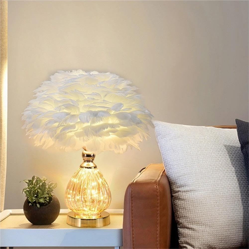 Lampada con piume, luce notturna ambientale romantica sul comodino | Paralume in piuma, base in ceramica, romantico, interruttore a pulsante, luce notturna(White)