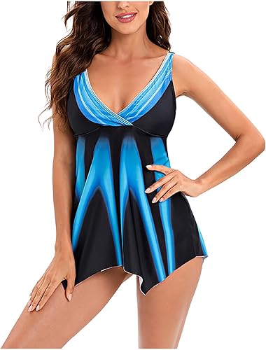 Traje de baño tankini con control de abdomen para mujer, bikini de 2 piezas, cuello en V, floral, camiseta larga sin mangas con parte inferior de