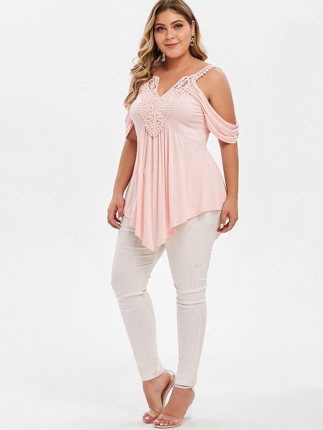 ROSE GAL Rosegal Women Plus Size Cold Shoulder Top Floral Applique Ruched Draped T-Shirt Open Shoulder Tunic Top - Image 3