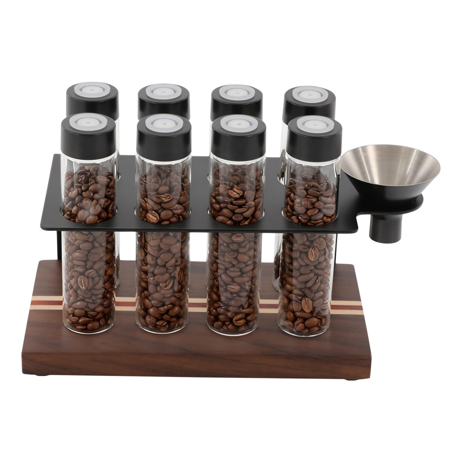 Pojemnik na 8 tubek ziaren kawy, pojedyncza dawka ze stojakiem i lejkiem, pojemnik do przechowywania ziaren espresso, jednorazowy zawór wylotowy, pojemność 18-22 g, czarny