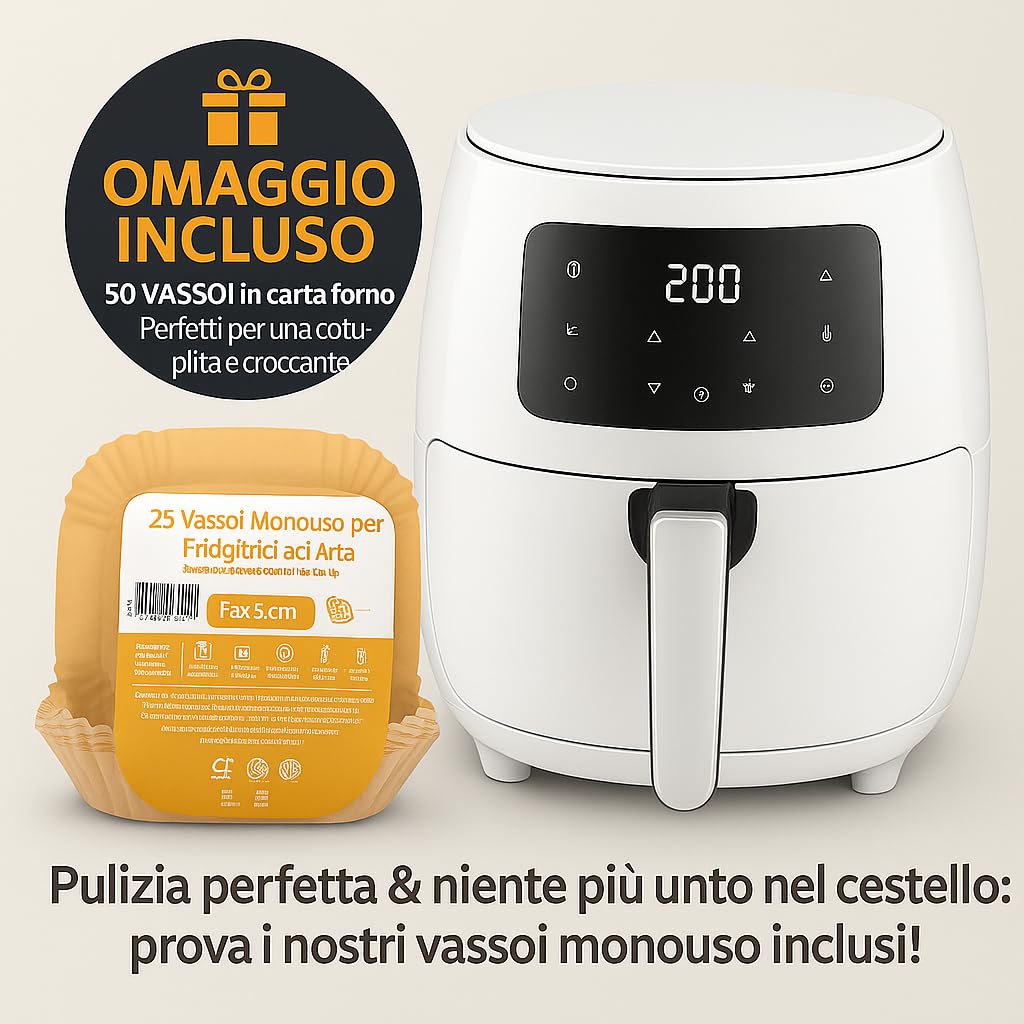 Friggitrice ad Aria 4.8L SMART·J Nera, 1400W, Display Touch, 6 Programmi, Spegnimento Automatico – Include 50 Vassoi Carta Forno Compatibili