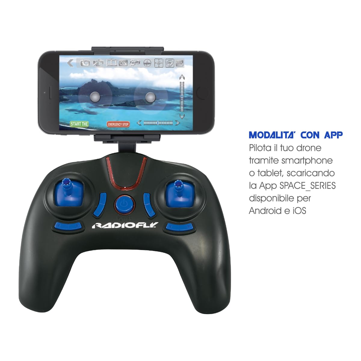 ODS - RADIOFLY, Space Watcher // 33, Drone per Bambini con Giroscopio, 8 Funzioni, 3 velocità, Rotazione 360°, con App e Supporto Smartphone, +8 Anni