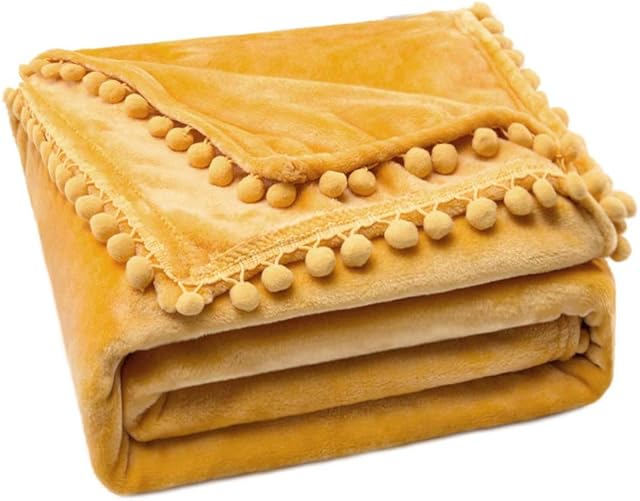 MIULEE Flannel Blanket Yellow Single Size Fluffy Throw with Cute Pompoms - Super Soft Large Cozy Warm Blanket for Sofa Bed Couch Travel Nursery Children Decorative 125x150cm (50"x60",Yellow)