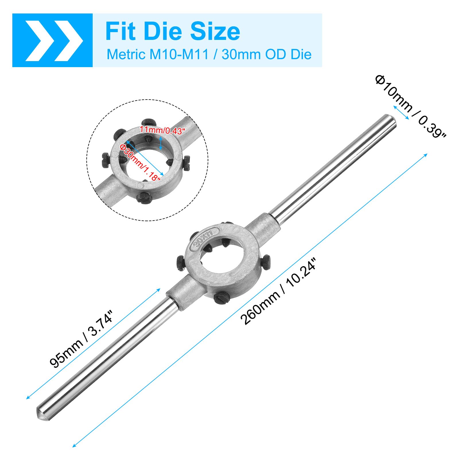 QUARKZMAN Porte-Filière 30mm x 11mm Pour Filières Métriques M10-M11 / Filières Rondes De 30mm De Diamètre Extérieur, Porte-Filière Réglable Pour Réparation De Filetage Outil Manuel