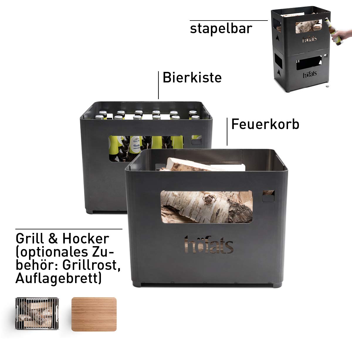 höfats - Beer Box Feuerschale - Getränkekiste, Feuerkorb, Grill, Flaschenöffner und Hocker in einem - für Garten und Terrasse - Corten-Stahl - schwarz, entwickelt eine langlebige Rost-Patina