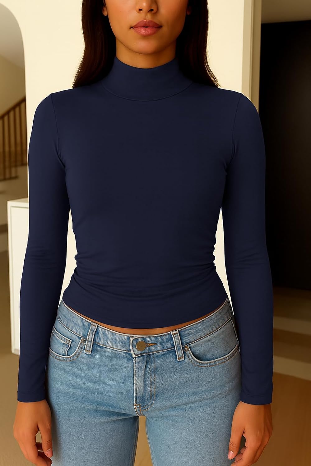 ForeFair Womens Turtleneck Mock Neck Long Sleeve Shirts Going Out Double Lined Crop Tops Slim Fitted Basic Tee - Image 6