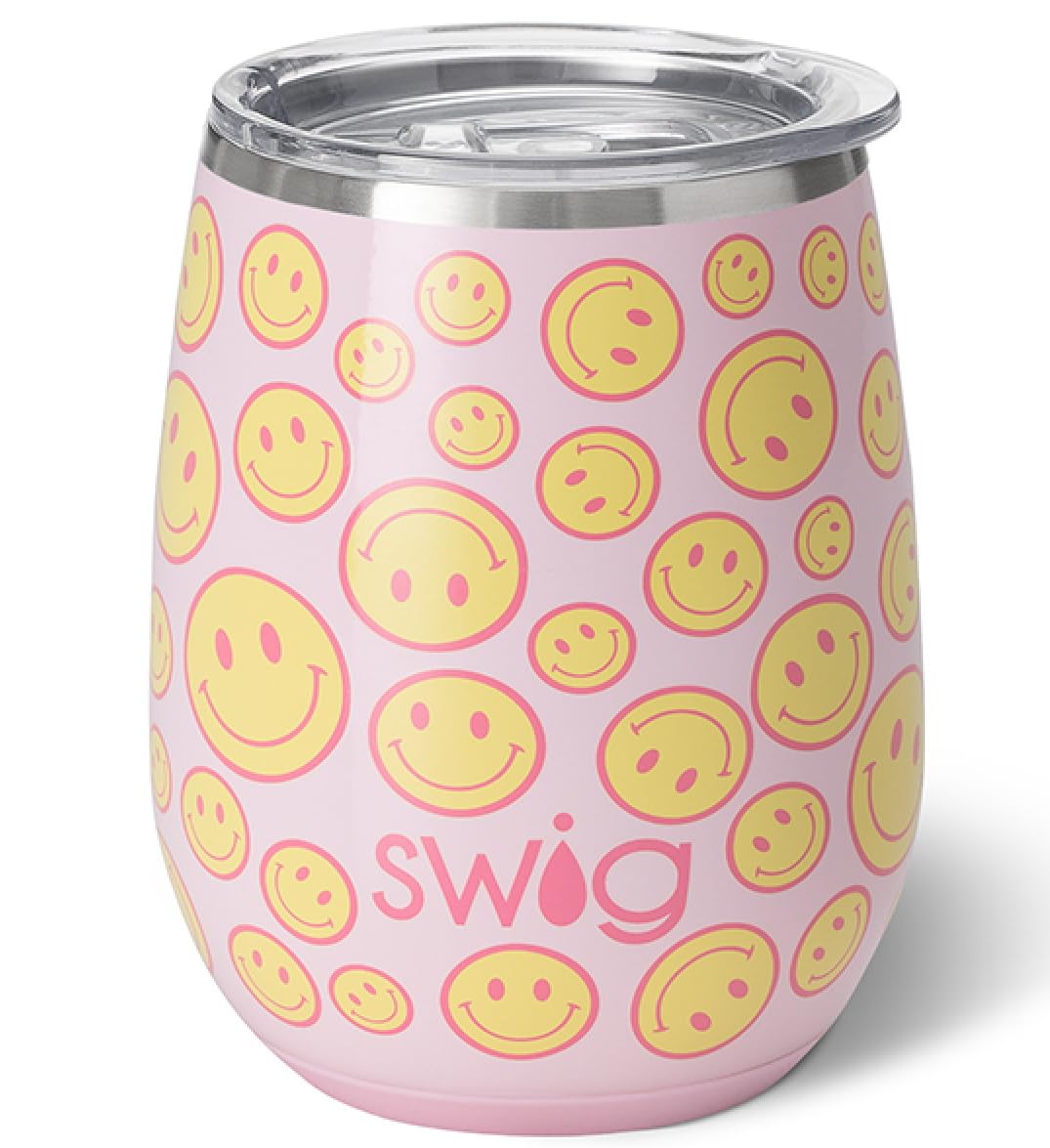 Swig Life 14oz Stemless Wine Cup, Insulated Wine Tumbler with Lid, Stainless Steel Travel Tumbler (Oh Happy Day)