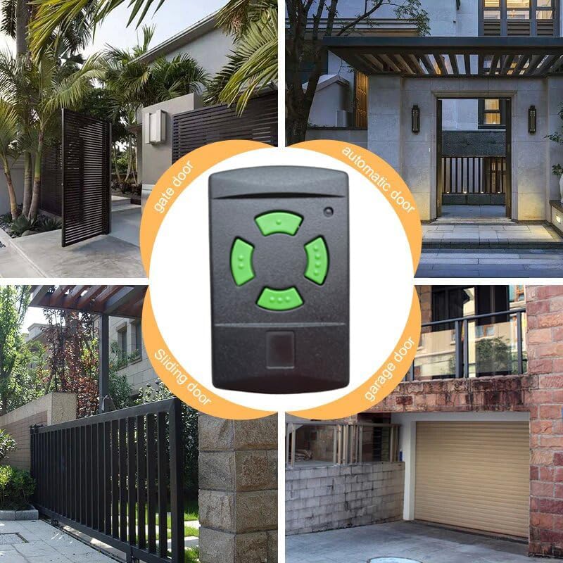 Image showing various applications for the remote control, including garage doors, gate doors, automatic doors, and sliding doors