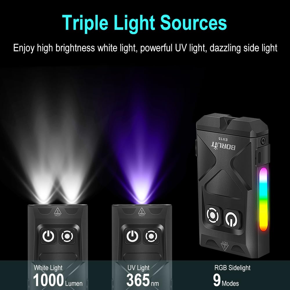 BORUIT EV15 Mini Torch with 365nm UV Light, 1000 Lumen 18 Modes Rechargeable EDC Lamp, LED Flashlight with Clip - Image 3