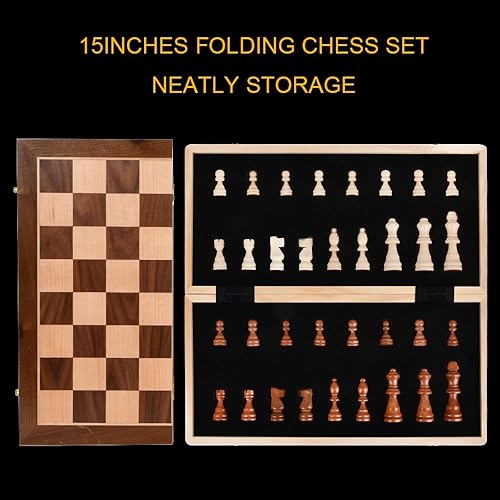 Miniatura 3 de Juego de ajedrez magnético de madera de 15 pulgadas para adultos y niños con almacenamiento para piezas, tableros de ajedrez plegables hechos a mano
