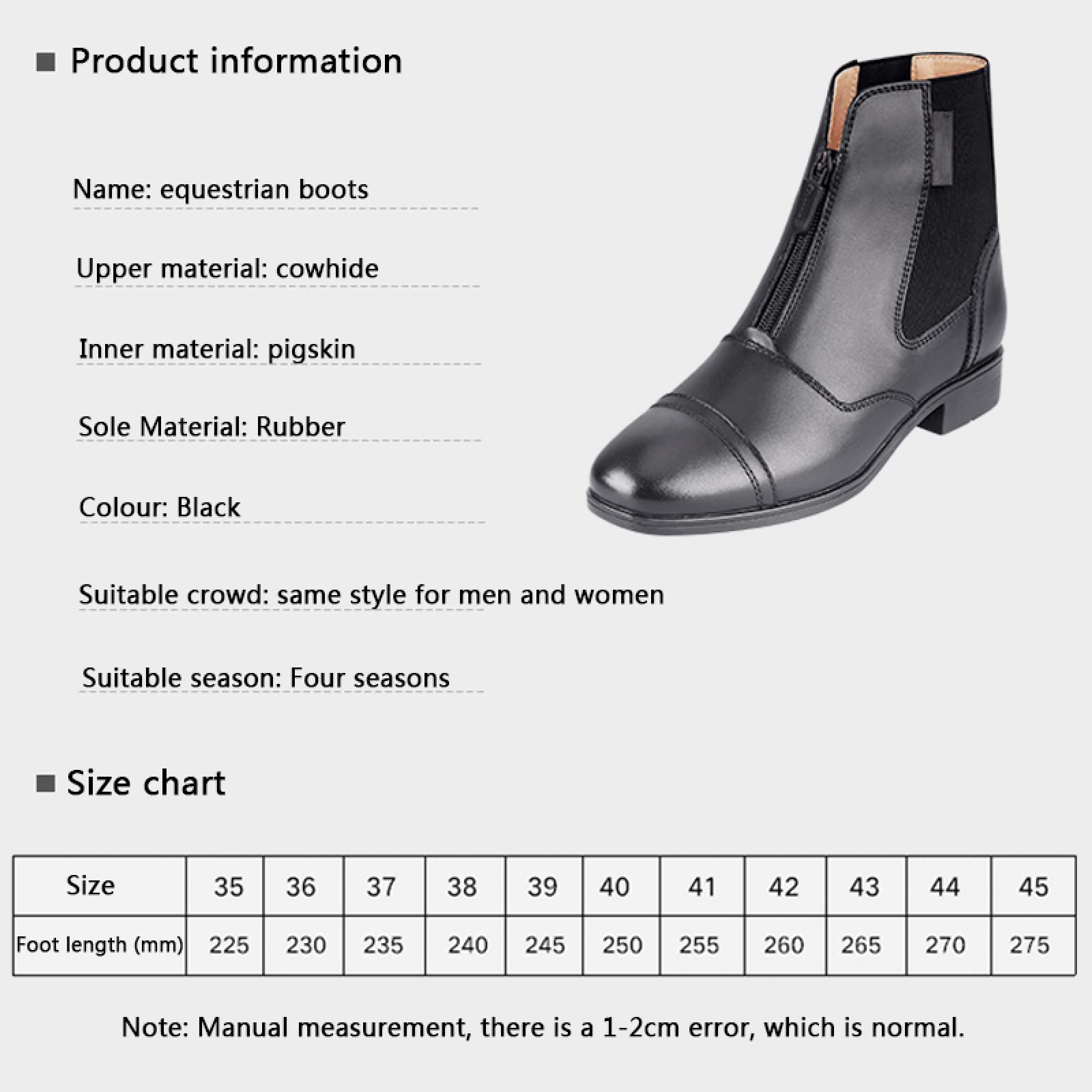 LEBEE Botas de equitacion Botas Cortas ecuestres con Cremallera Frontal Botas de Montar Hombres y Mujeres con los mismos Suministros ecuestres,Black-40