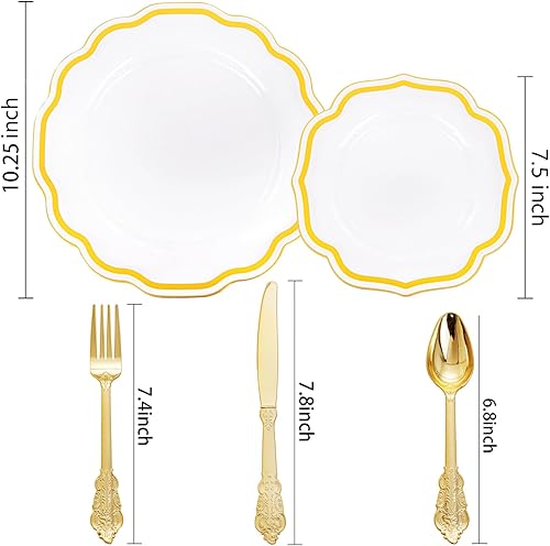 Miniatura 9 de NOCCUR 175 platos de plástico azul, platos desechables azules resistentes con borde dorado, incluyen 25 platos llanos, 25 platos de postreensalada,