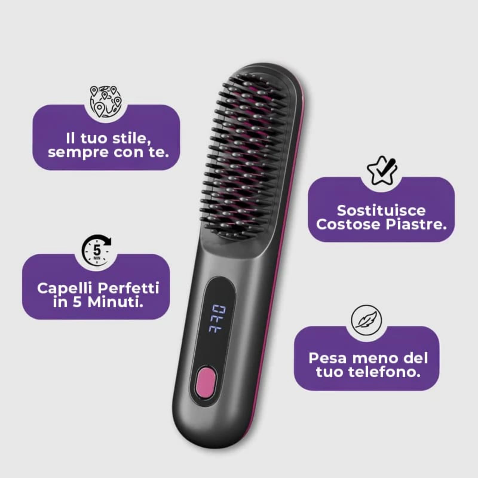 DemmyLab Spazzola Lisciante,Mini spazzola per capelli portatile senza fili per donne con indicatore di temperatura LCD,Riscaldamento rapido in 20 secondi