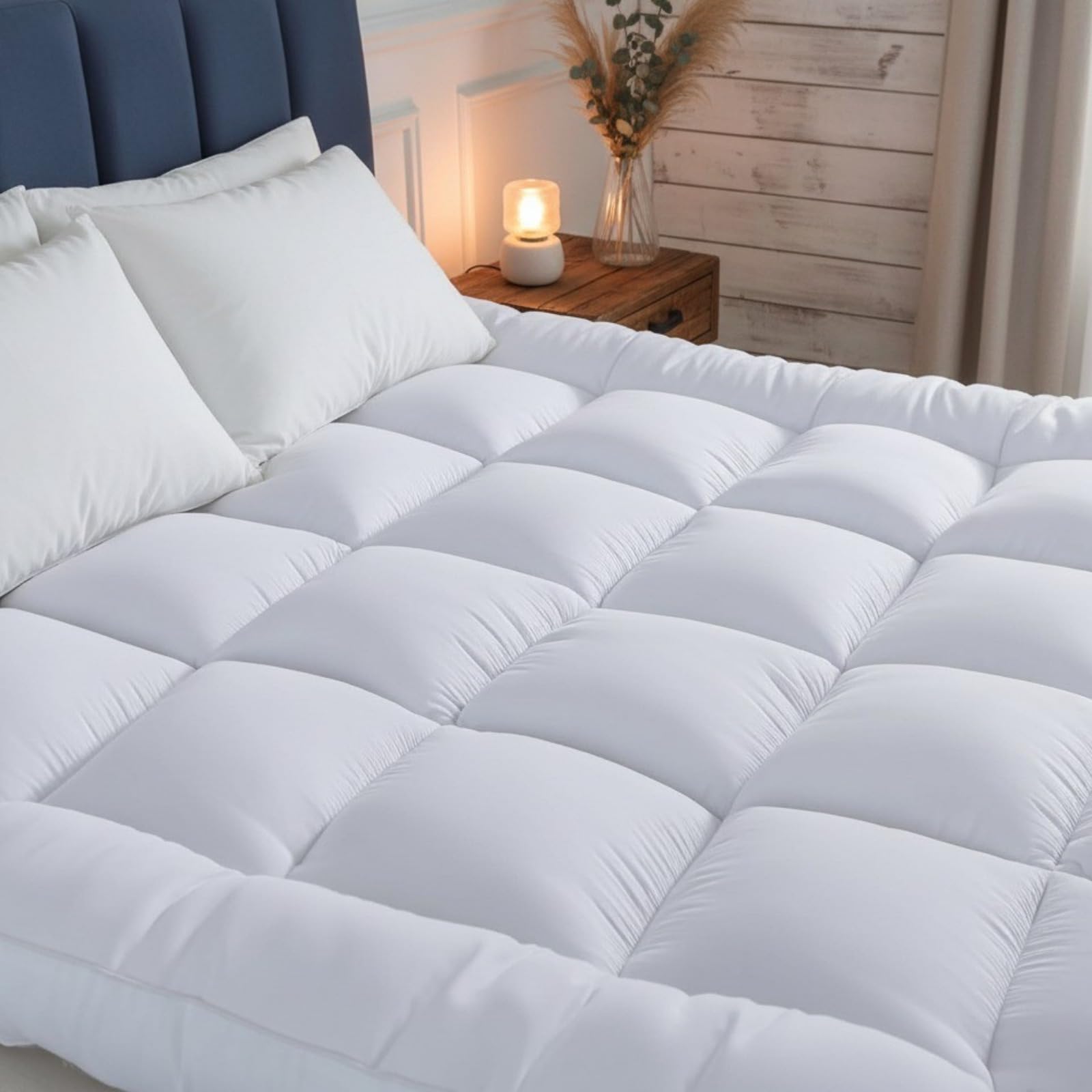 4AS Supersoft Mattress Topper Kingsize Bed - 1100 GSM Microfibre Filling 4 Inch (10cm) ExtraThick Mattress Topper with Elasticized Corner Straps - White (King 150x200 cm)