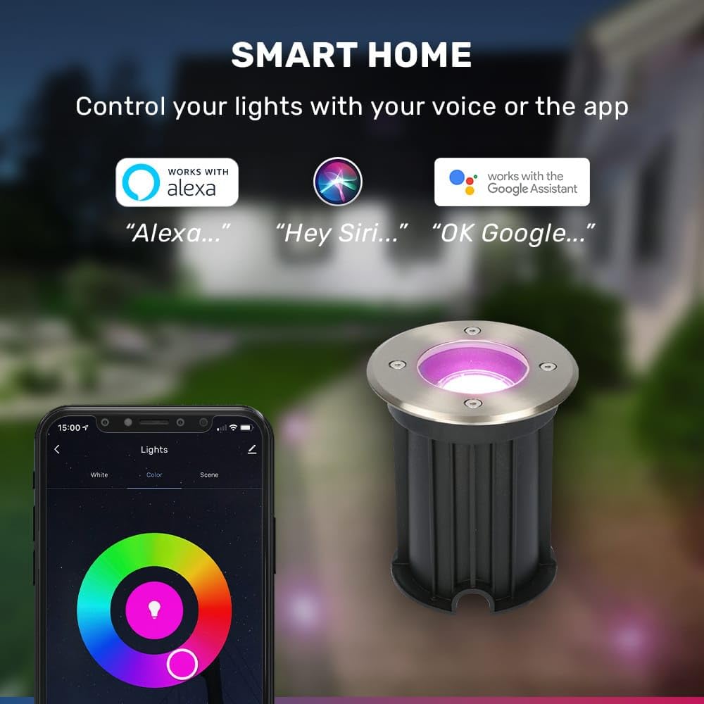 HOFTRONIC - 9er Maisy - Smart Home LED Bodeneinbaustrahler außen GU10 - IP67 Wasserdicht - Edelstahl - WiFi + Bluetooth - Farbig RGBWW - Einbaustrahler außen Edelstahl