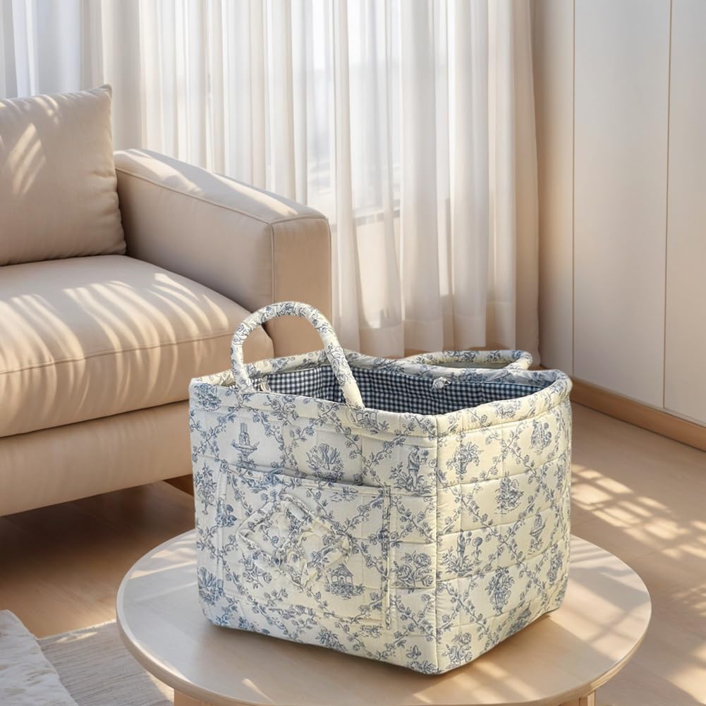 JQWYGB Foldable Laundry Basket Boho Bear Storage Basket Floral Quilted Fabric Car Storage Basket Handles Large Laundry Baskets for Clothes and Dolls