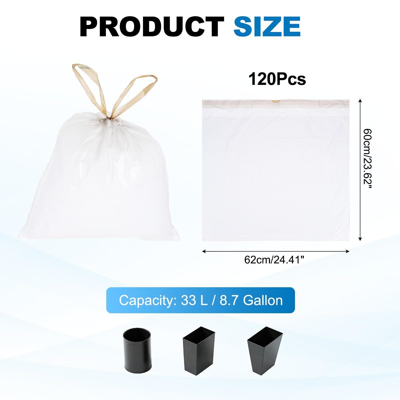 QUARKZMAN 120 Bolsas De Basura Con Cierre De Cordón, 8.7 Galones 24", Bolsas Para Cubo De Basura Sin Aroma, Diseño Anti-Roturas Para Hogar Oficina Cocina Sala, Oro Champán