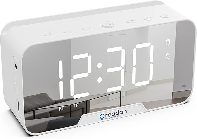 Readan LED Alarm Clock, Bluetooth Speaker, Digital Clock with USB Charging, Adjustable Brightness, Bedside Clock, Digital Alarm Clock, Large Display, Alarm Clocks Bedside (White)