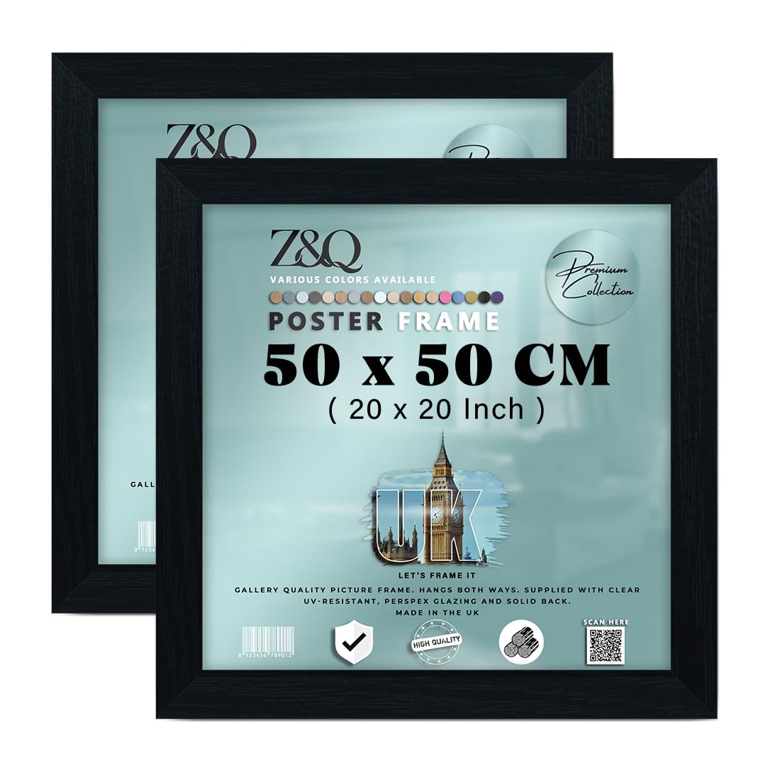 Z&Q Pack of 2 Square Classic Black MDF Wood Finish (50 x 50 CM) Frame for Posters | Eton Wood 20 x 20 Inch For Art Gallery, Home Décor [ Black ]