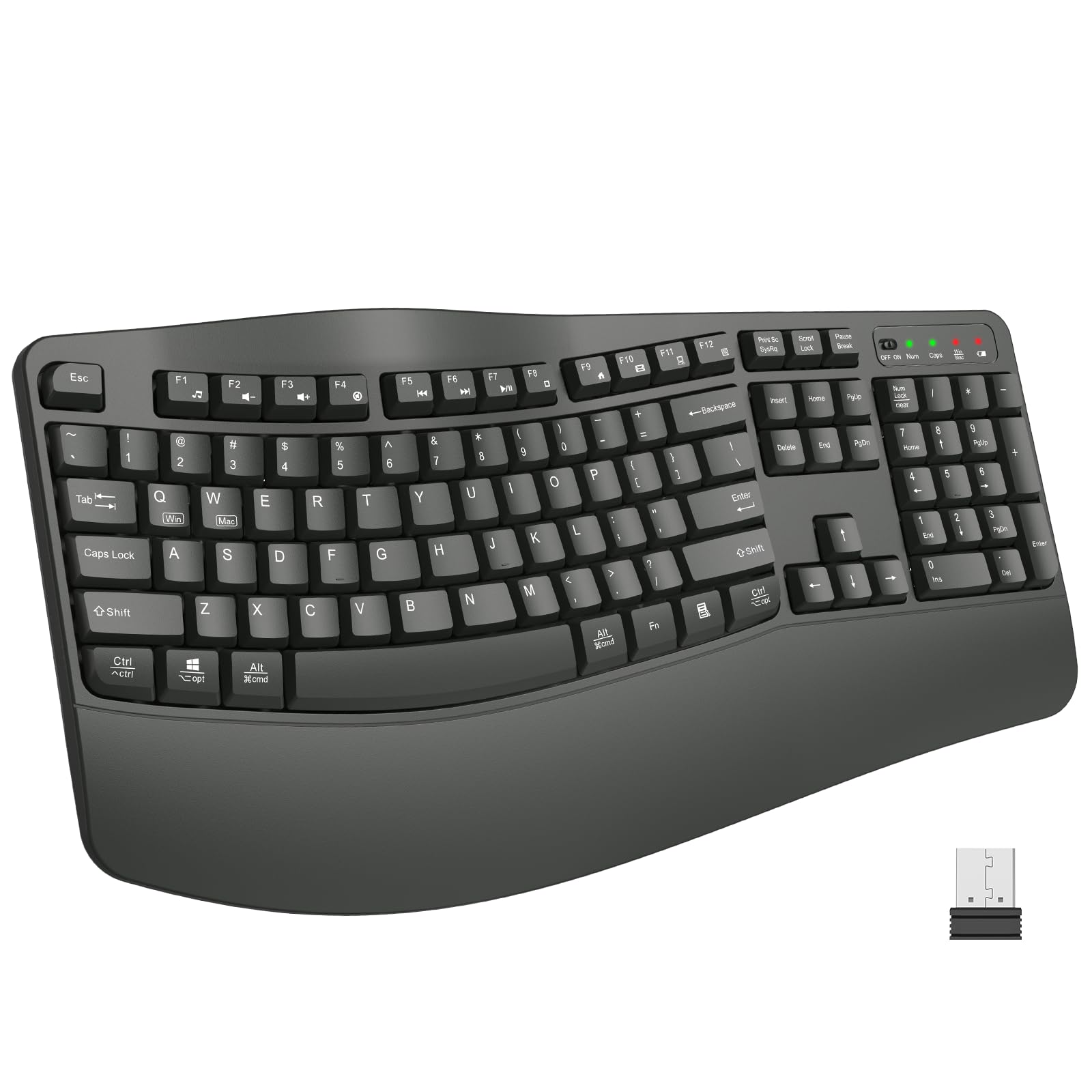 EDJO Tastiera ergonomica senza fili con poggiapolsi, tasti Wave, per mani grandi, 2,4 GHz, tastiera per computer Ergo cordless USB, comoda digitazione naturale, per laptop, Mac, Windows (grigio)