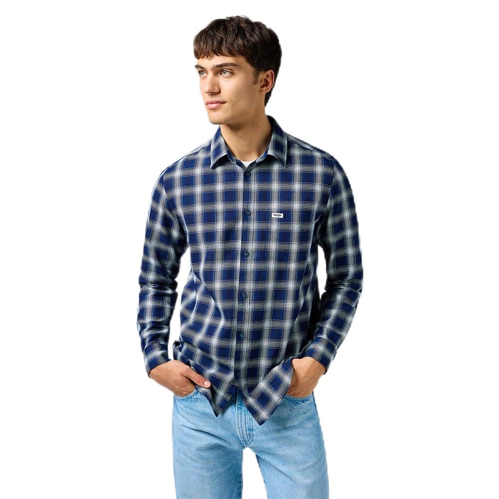 Wrangler Men's 1 Pkt Shirt, Indigo Plaid, S