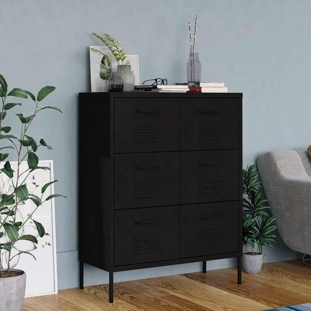 Cassettiera nera, 80 x 35 x 101,5 cm, in acciaio, con 6 cassetti, per ufficio, soggiorno, corridoio o cantina, chiudibile, stabile scaffale multiuso