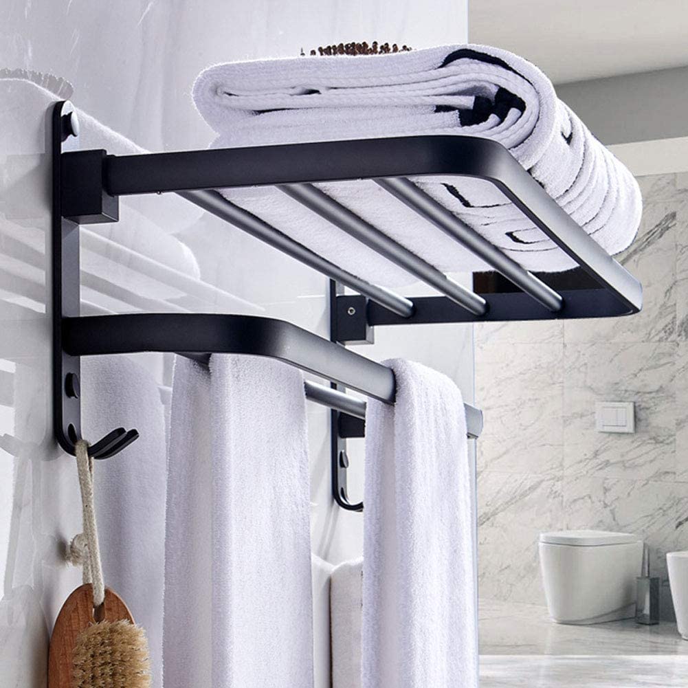Handtuchschiene Handtuchstange Klappbare Handtuchregal Raum Alumidoppel Handtuch Stangen Regal Wandmontage Handtuchregal Für Badezimmerküchenhandtuchregal/Schwarz/49Cm