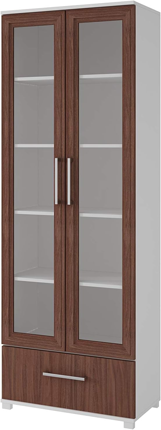 Manhattan Comfort Serra Modern Storage Bookcase With Glass Door, White/Nut Brown