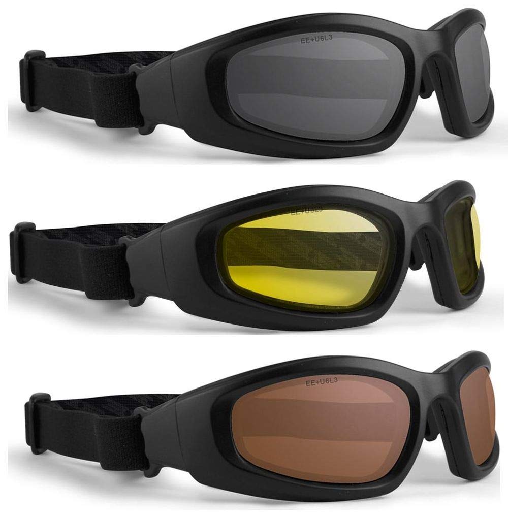 3 Pairs Epoch Black Padded Motorcycle Goggles Smoke Yellow and Amber Lenses