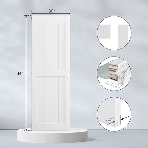 Miniatura 3 de SmartStandard Puerta de granero blanca de 30 x 84 pulgadas con kit de rieles de níquel cepillado de 5 pies, revestimiento de PVC impermeable,