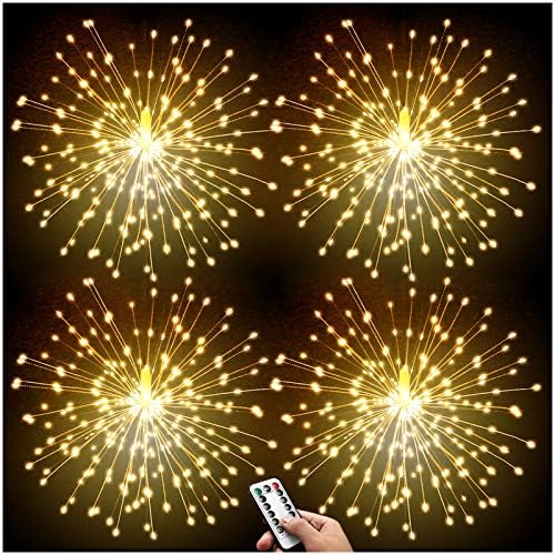 DenicMic 4 Pack Firework Lights Led Copper Wire 8 Modes Battery Operated Hanging Ceiling Starburst Fairy Remote Control Star Sphere Lights Indoor for Bedroom Party Wedding Christmas Decor (Warm White)