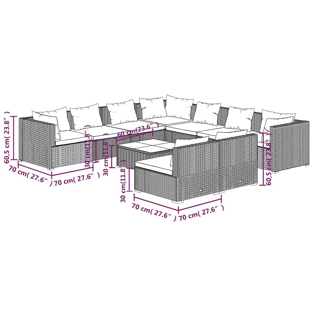 Set di mobili da giardino in polyrattan, 10 pezzi, grigio