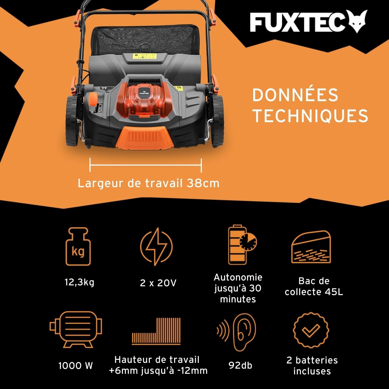 FUXTEC Aérateur à batterie 40 V FX-E2VE38SET - 2 en 1 Aérateur et Scarificateur, Largeur 38 cm, Panier 45 L, 2 piles incluses