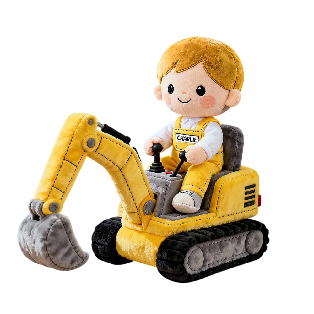 Cute Kid Operating Excavator Custom Shape Pillow - Personalized Gifts for Kid 2D Flat Personalized Construction Boys Room