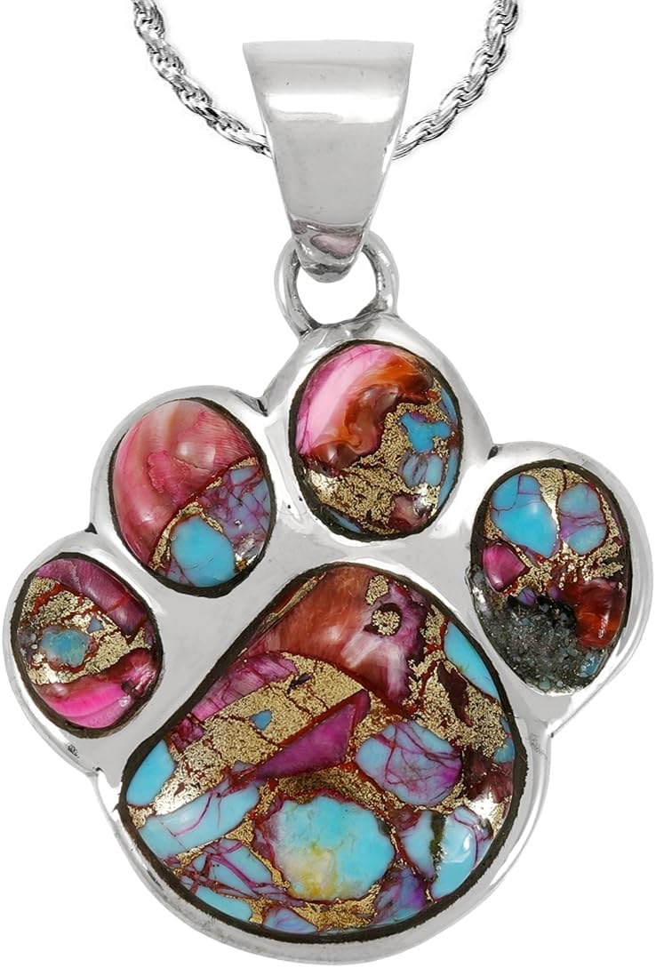 Turquoise Network Dog or Cat Paw Necklace Pendant 925 Sterling Silver Genuine Gemstones (with 20" Chain)