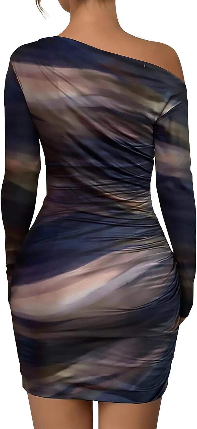 Women's Long Sleeve Bodycon Mini Dress Tie Dye Print Slim Fit Asymmetrical Neck Elegant Formal Ruched Short Dresses - Image 5